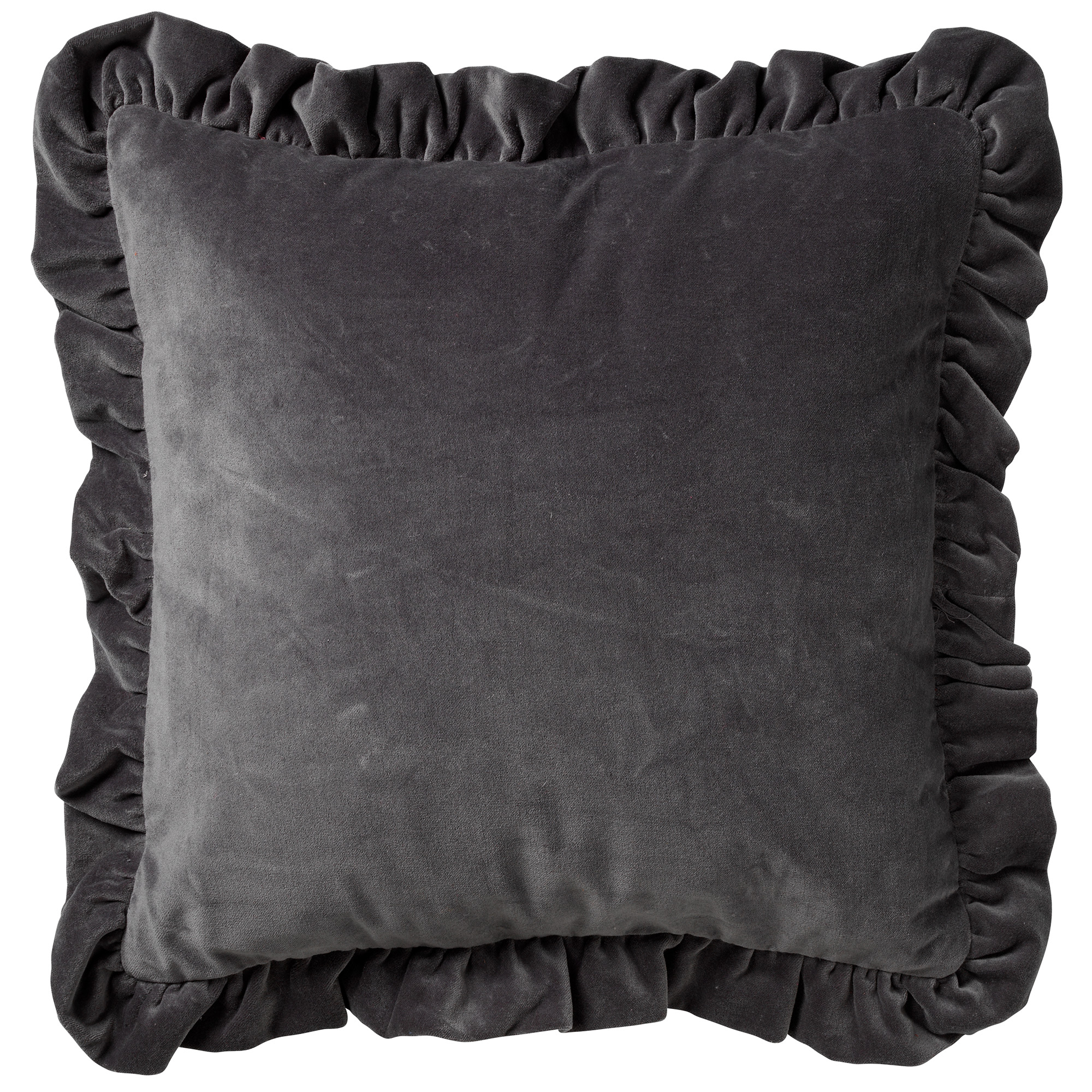 YARA - Kussenhoes 100% katoen 45x45 cm - velvet - Charcoal Gray - antraciet - ruches rondom