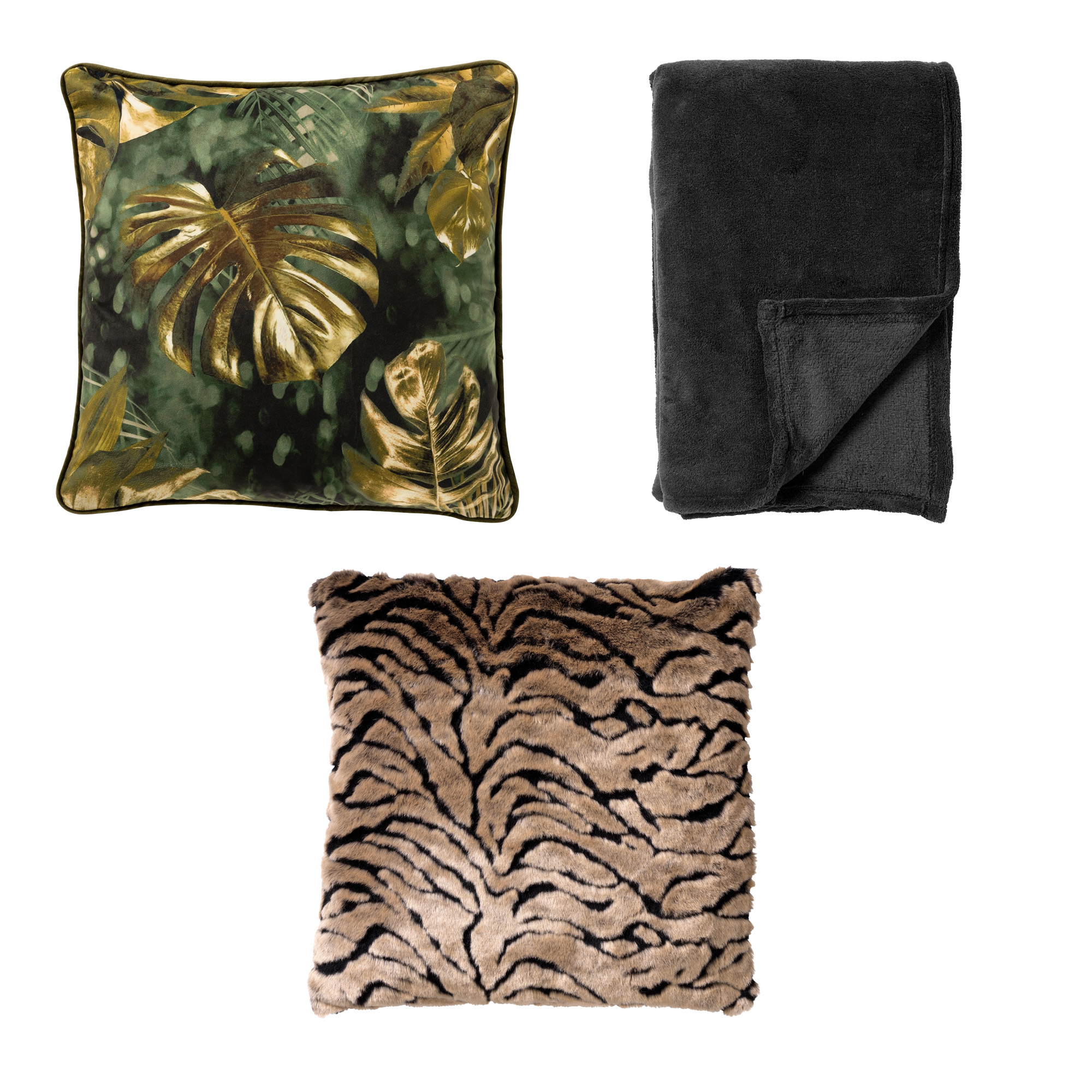 SET OF 3 - Beleaf Me- Cushion Babel 45x45 cm - Cushion Kenzo 45x45 cm - Plaid Sidney - Chive & Raven  - 3 items