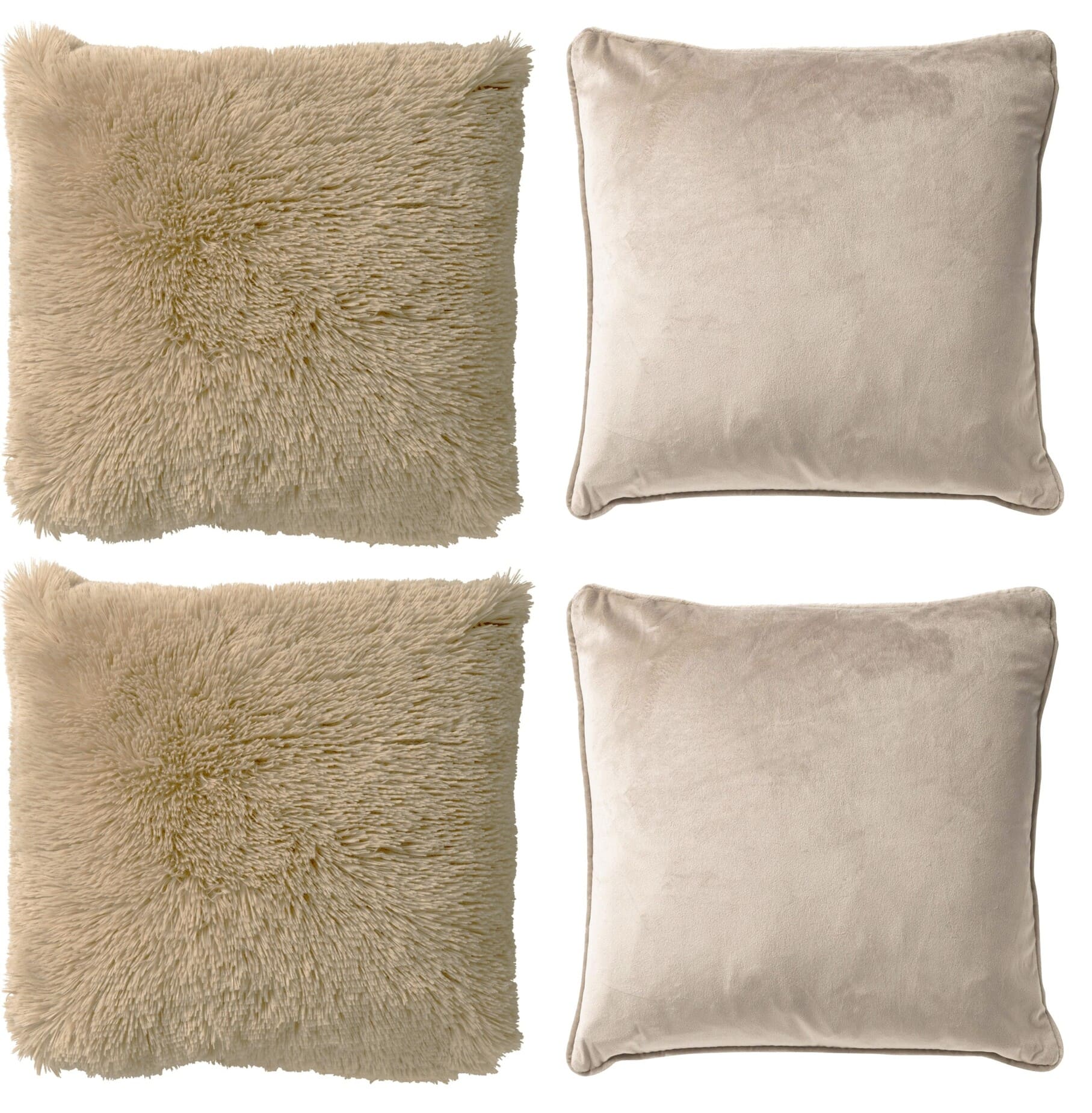 KUSSENSET - 4-delig Fluffy & Velvet - 45x45 cm - inclusief binnenkussens - beige