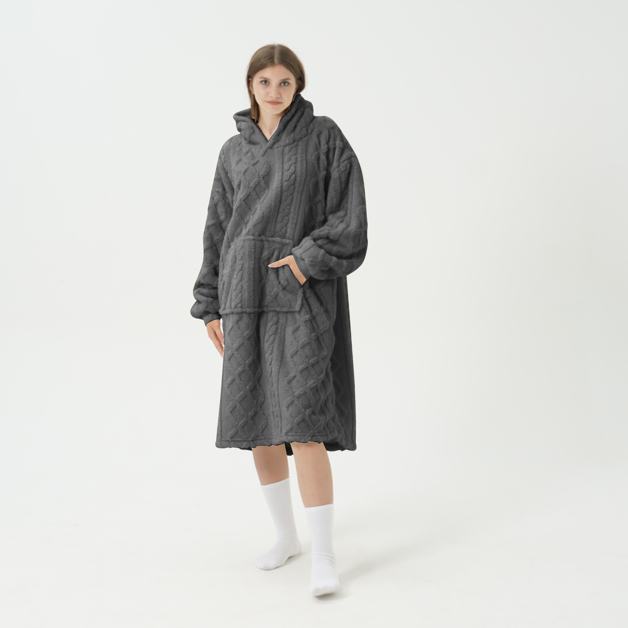 SOPHIE Oversized Hoodie - 70x110 cm - Hoodie & deken in één - extra grote kabeltrui met capuchon - Charcoal Gray - antraciet