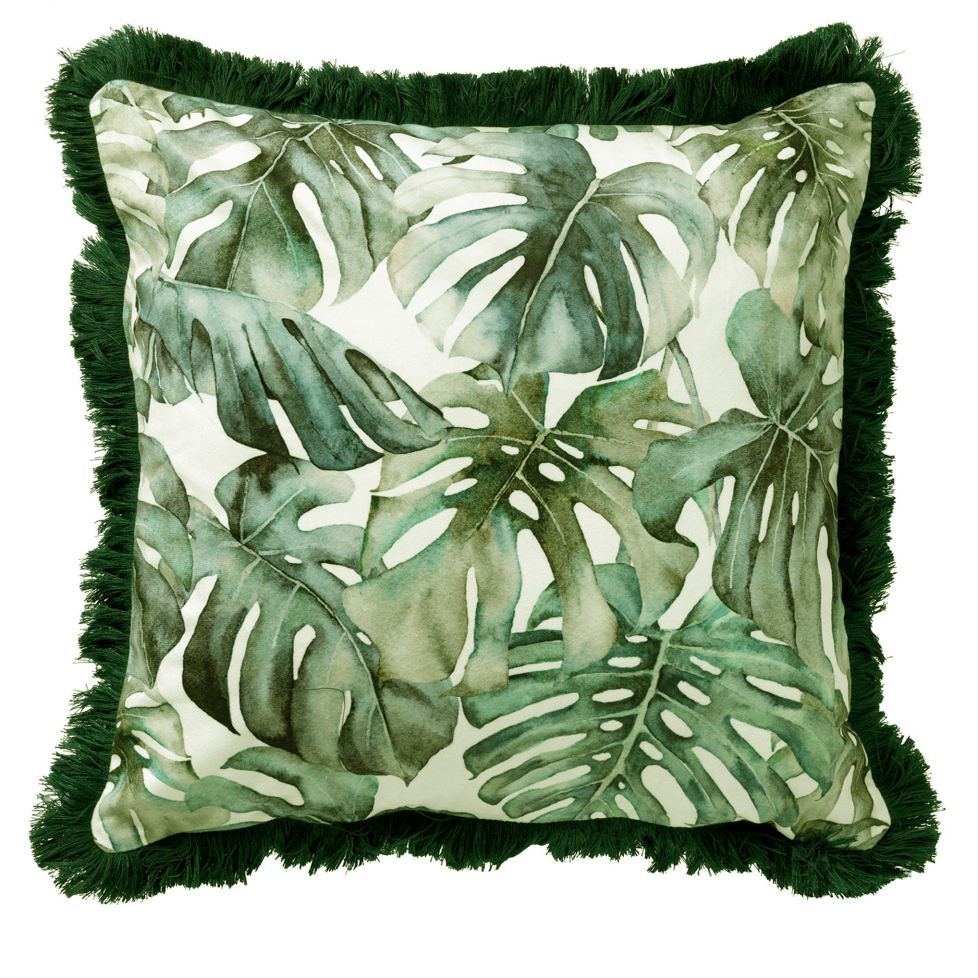 FAUNA - Sierkussen velvet 45x45 cm - botanische print - franjes - Chive - groen 