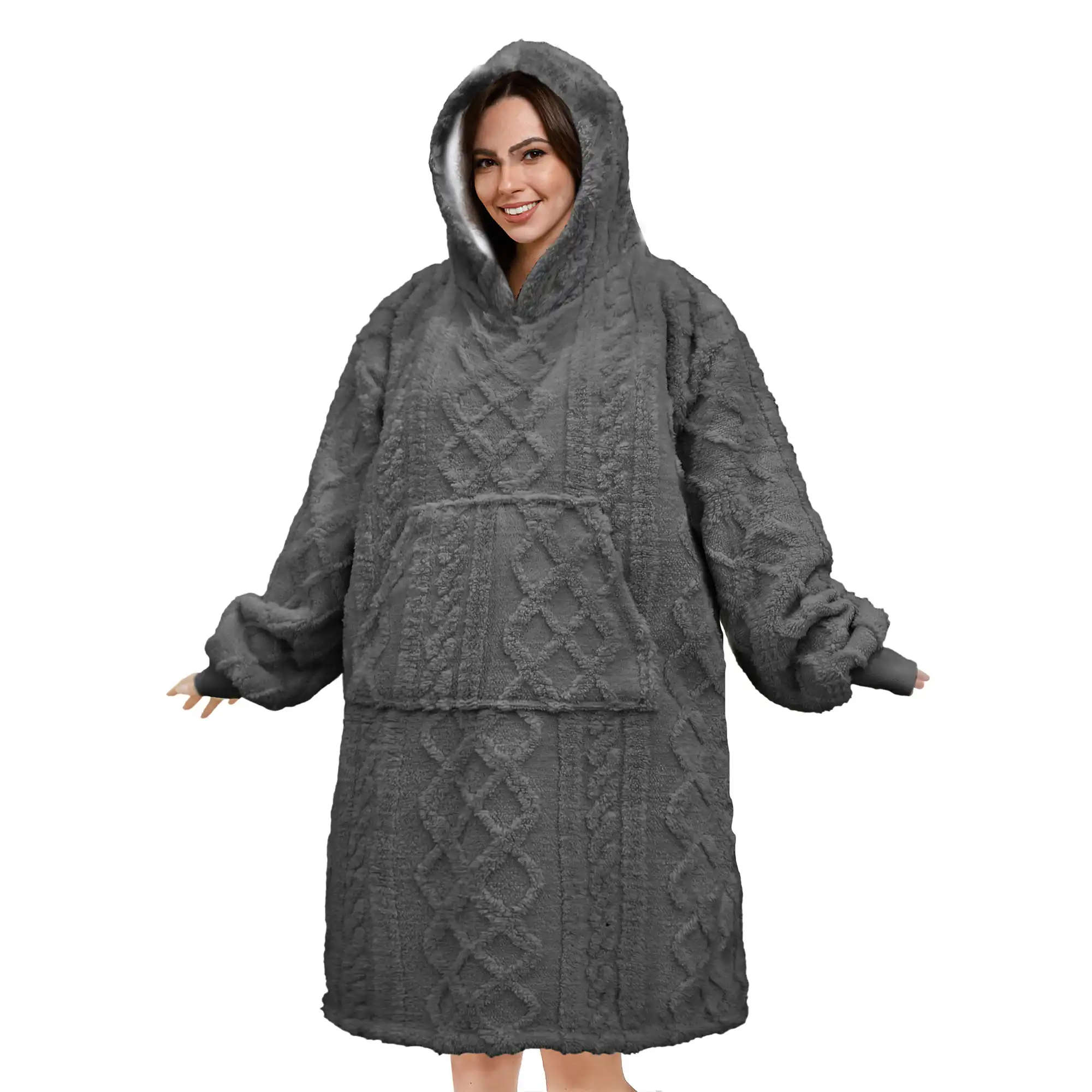 SOPHIE Oversized Hoodie - 70x110 cm - Hoodie & deken in één - extra grote kabeltrui met capuchon - Charcoal Gray - antraciet