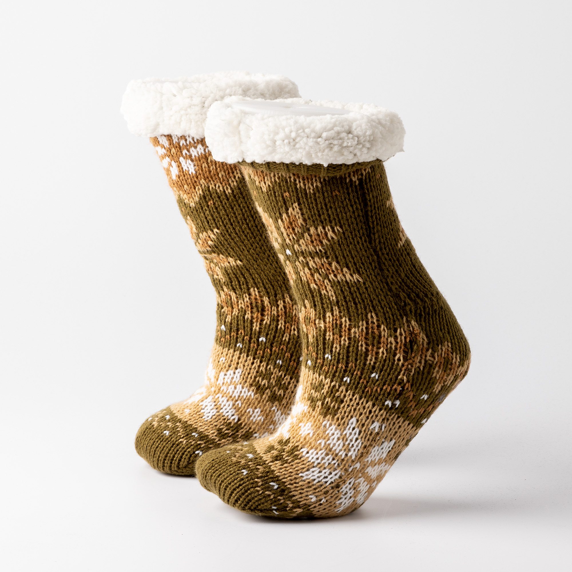 NOOR - House socks - non-slip - with sherpa lining - one size - Military Olive - green