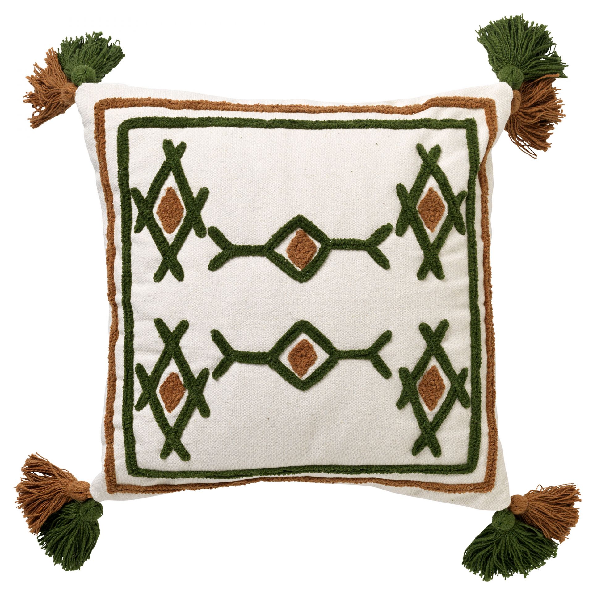 ZITA - Sierkussen katoen 45x45 cm - Chive - groen / wit / bruin - Kussen met flosjes