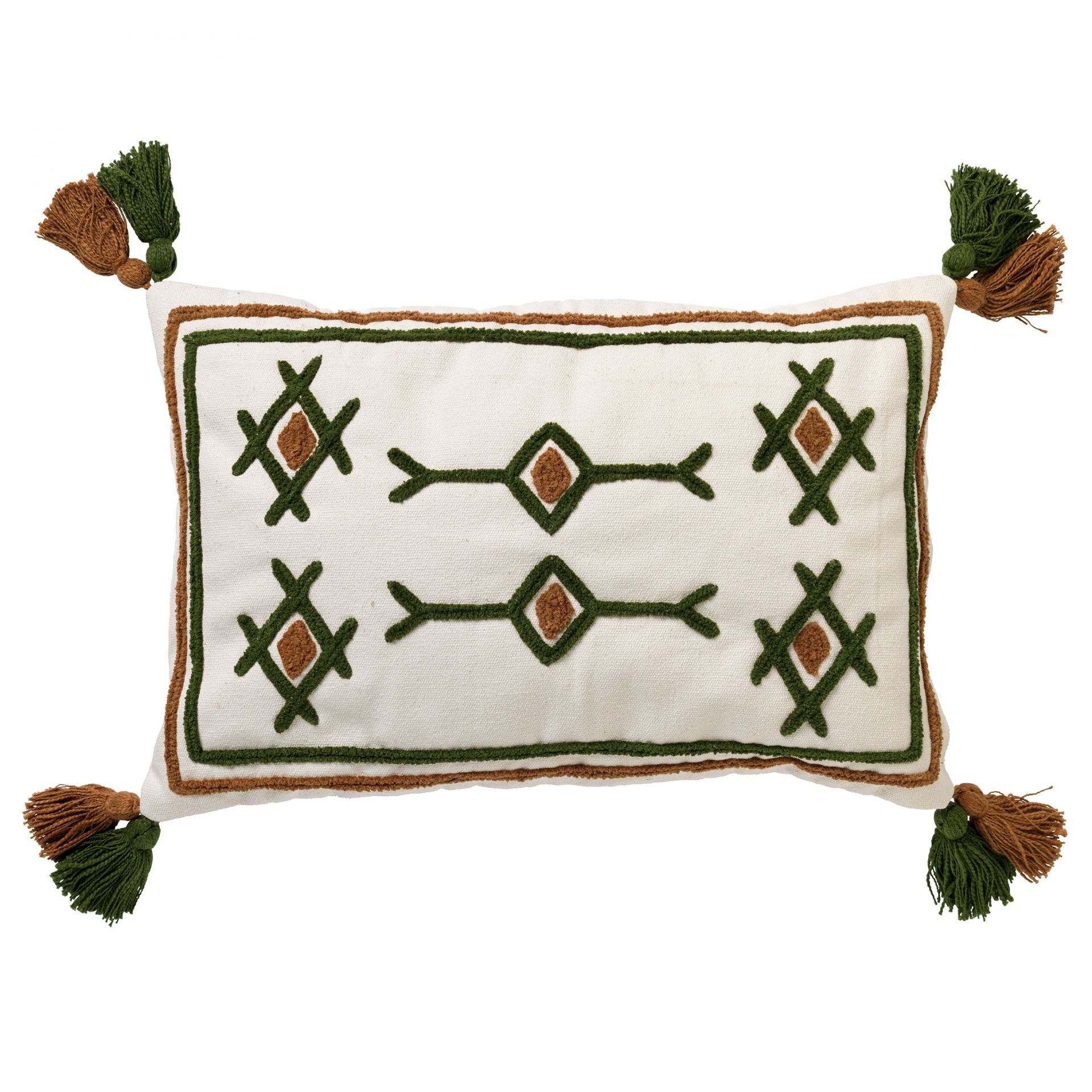 ZITA - Kussenhoes katoen 40x60 cm - Chive - groen / wit / bruin - met flosjes