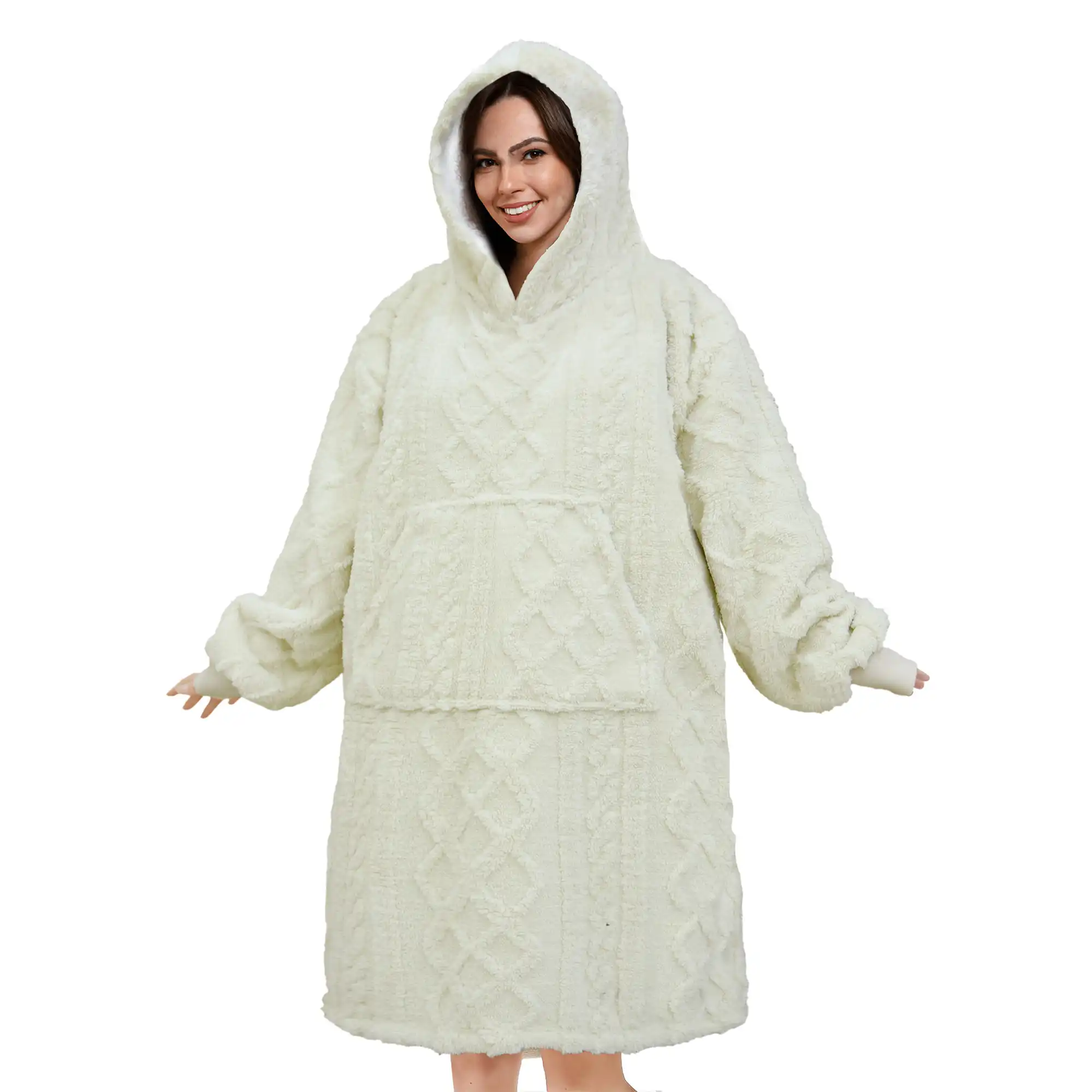 SOPHIE Oversized Hoodie - 70x110 cm - Hoodie & deken in één - extra grote kabeltrui met capuchon - Bone White - offwhite