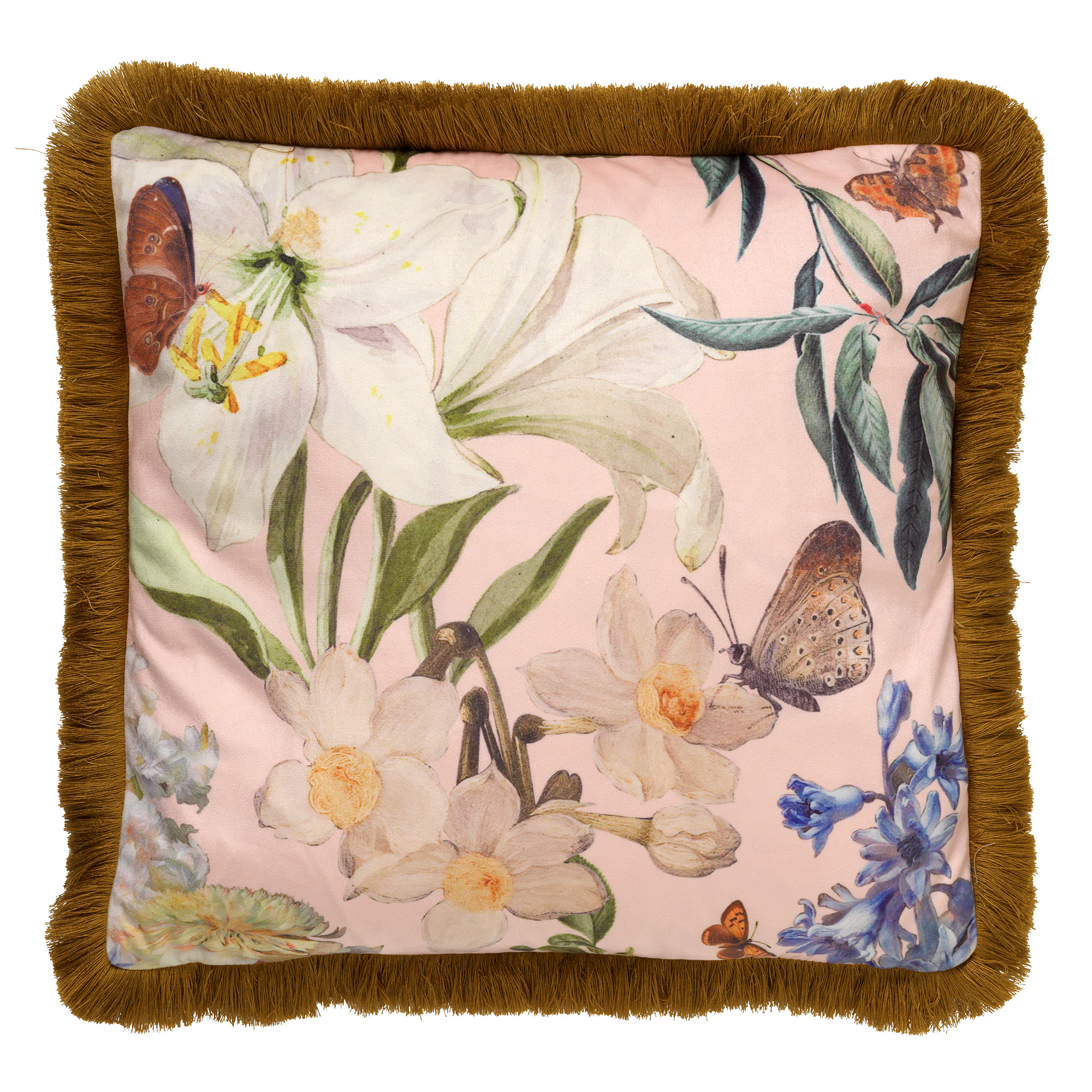 HANNA - Sierkussen velvet - 45x45 cm - Dusty Pink - roze bloemen - vlinders - franjes