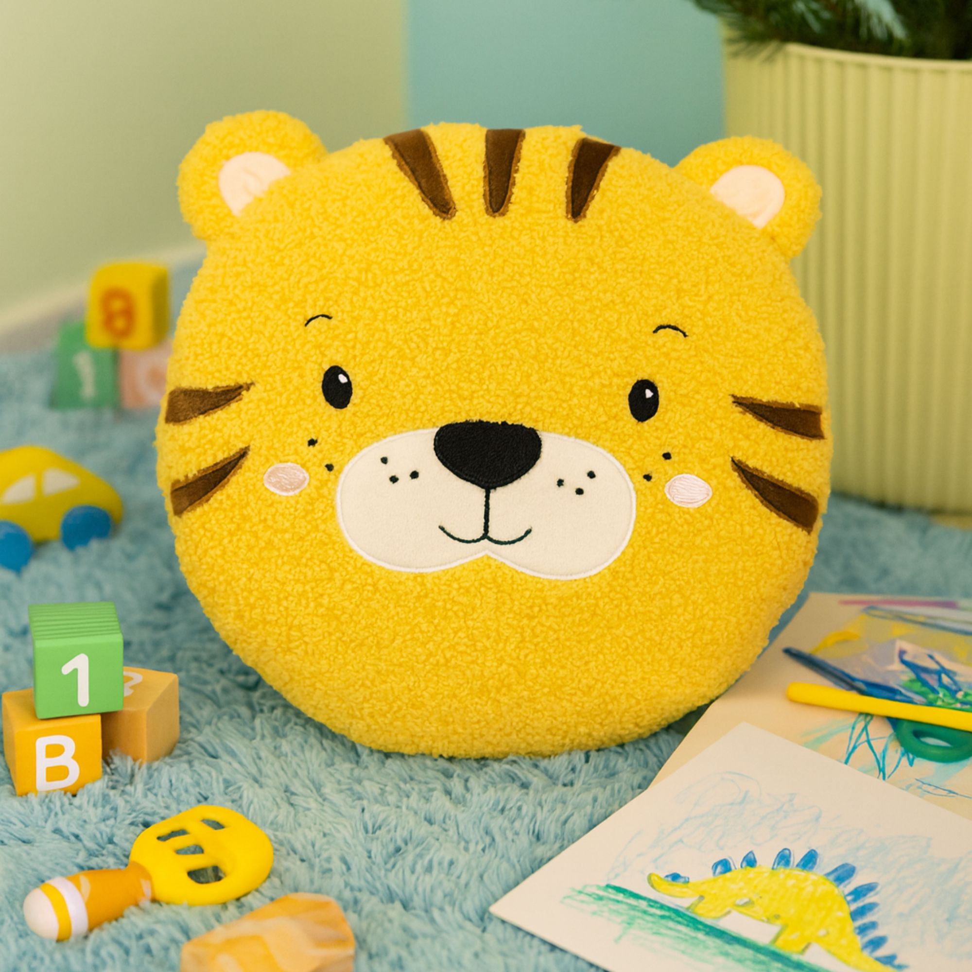 CUSHION SET - 2-piece - Round fun cushions - Ø30 cm - Monkey and tiger - Brown, yellow