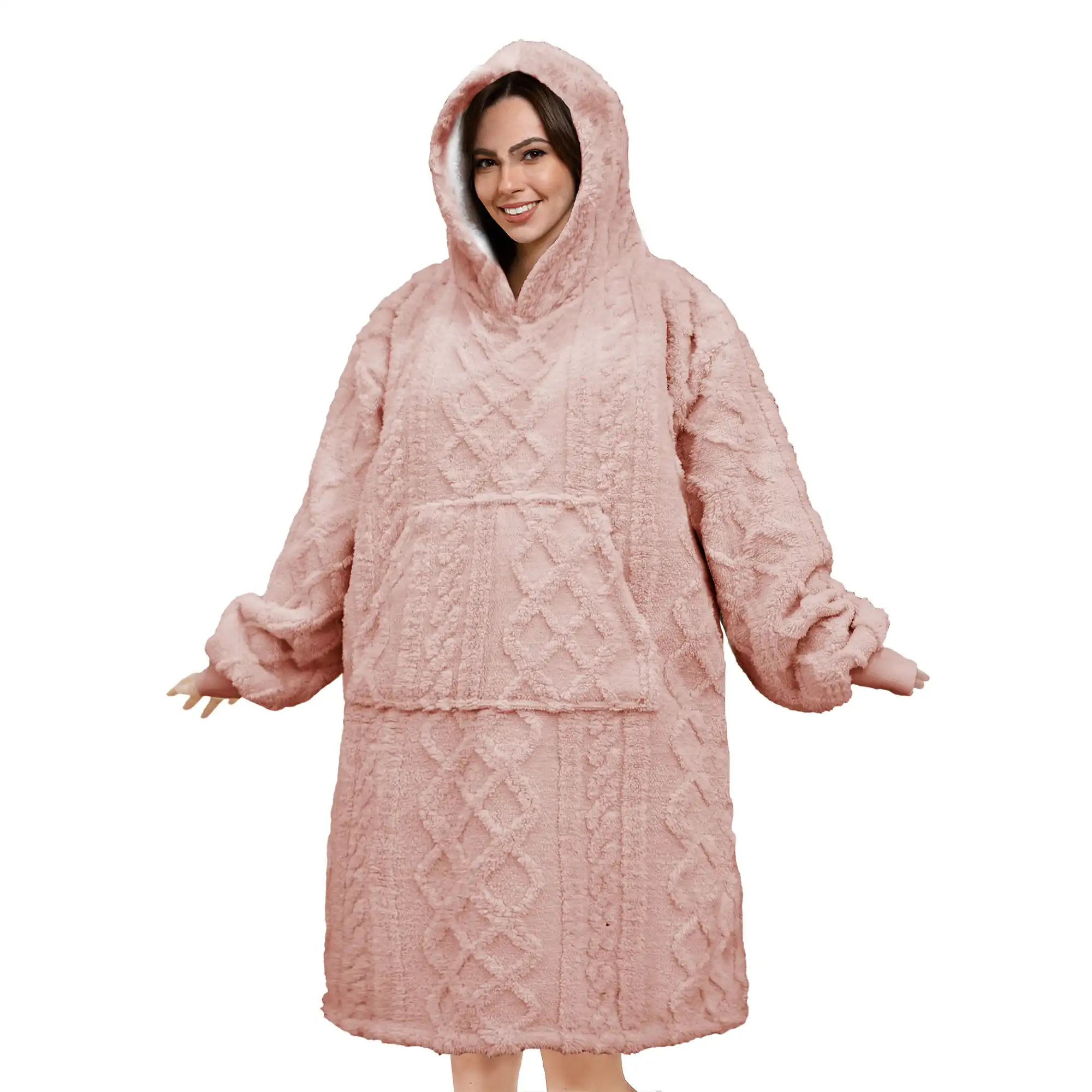 SOPHIE Oversized Hoodie - 70x110 cm - Hoodie & deken in één - extra grote kabeltrui met capuchon - Rose Tan - roze