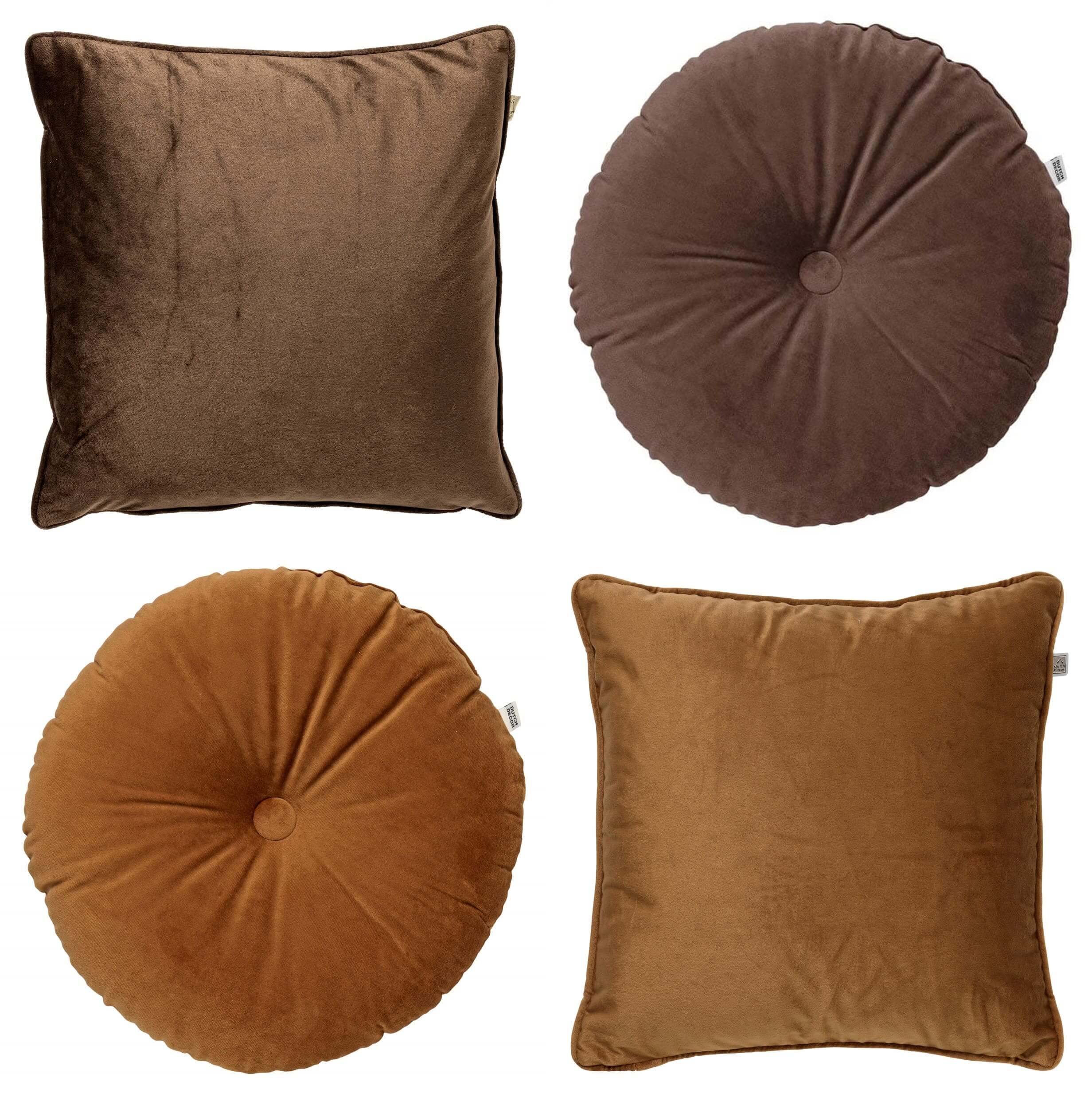 LOT DE 4 COUSSINS - 45x45 cm et Ø40 cm - Marron