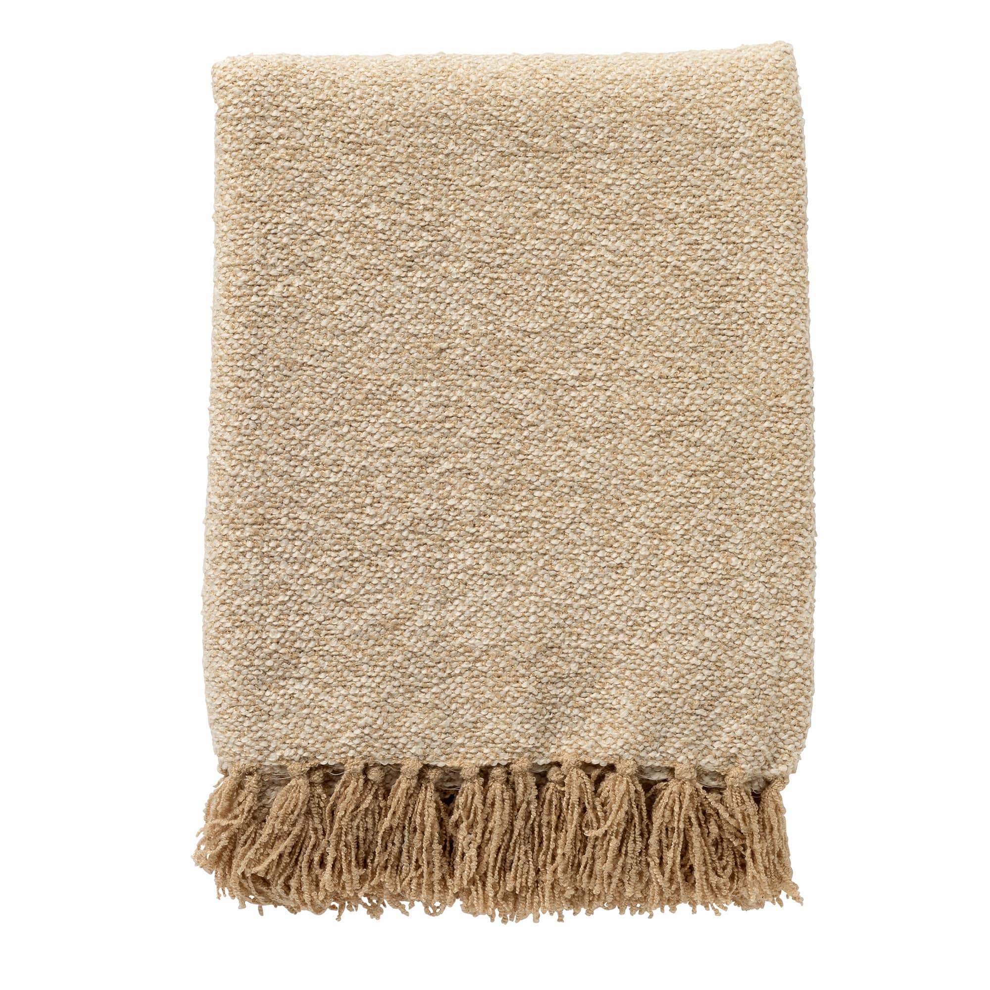 Un plaid beige avec des franges, parfait pour ajouter une touche de chaleur et de style à votre espace de vie
