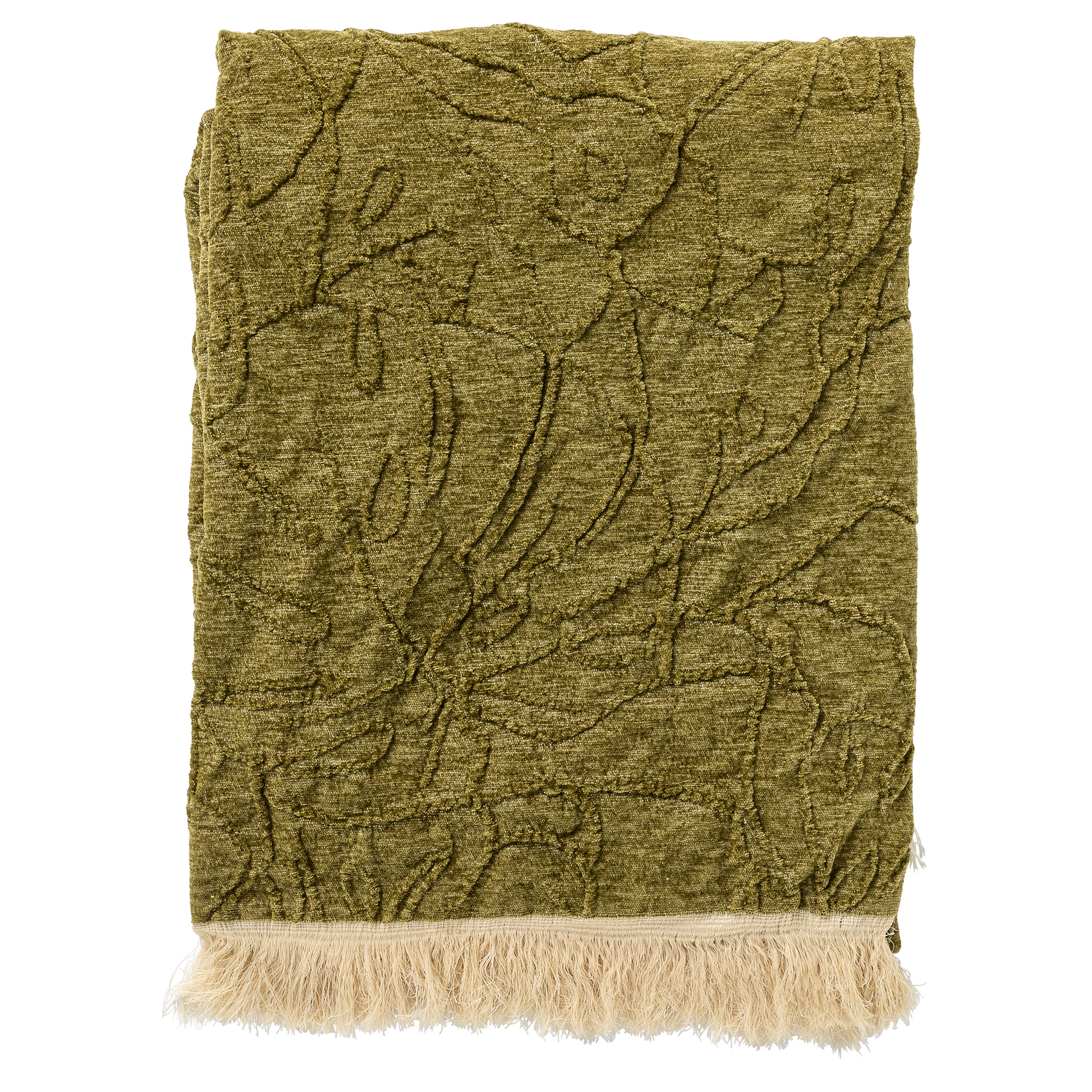 MAYBEL - Plaid 140x180 cm - met ingeweven patroon - effen kleur met franjes - Olive Branch - groen