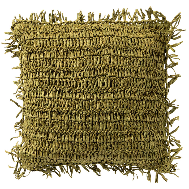 ANTONIO - Sierkussen 45x45 cm - effen kleur met raffia - Olive Branch - groen